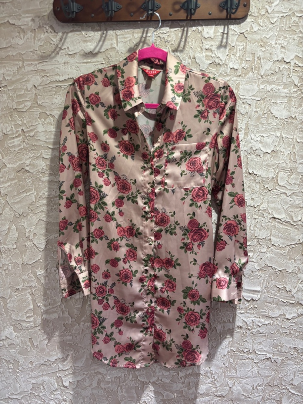 Guess Pink Floral Satin Midi Dress Shirt
